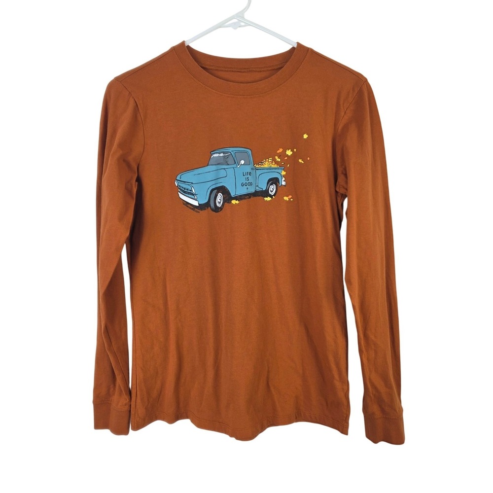 Life Is Good Fall Leaves Long Sleeve S Womens Truck 100% Cotton Brown Pullover
